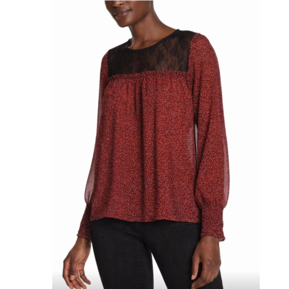 Pleione Red Black Leopard Print Lace Round Neck Sheer Blouse XL